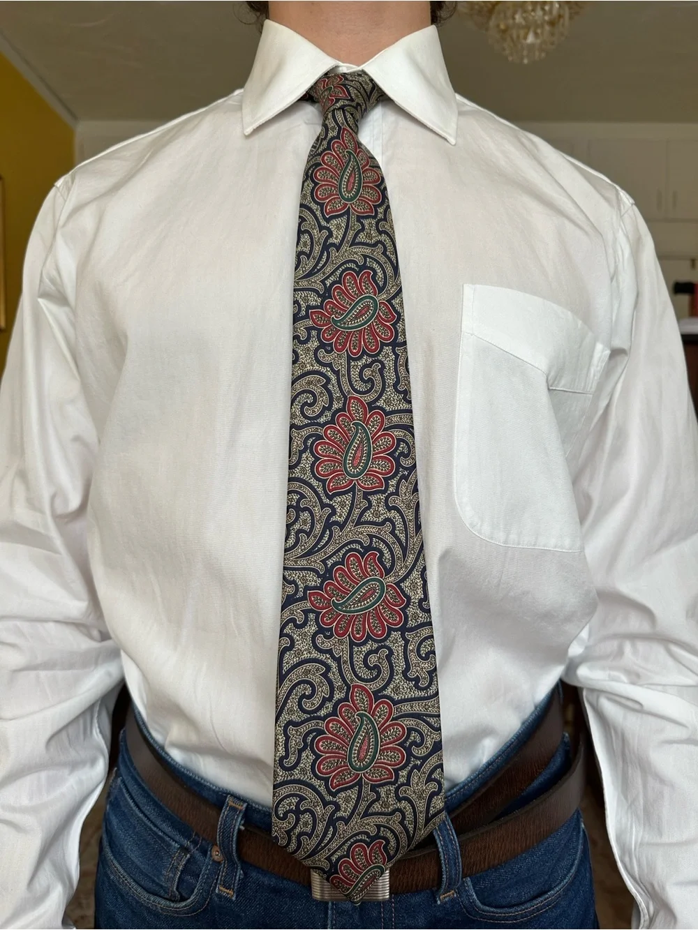 Vintage Oscar de la Renta Couture Silk Neck Tie Paisley Floral in Navy Red Gold